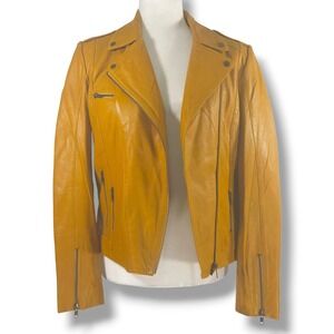 Naf Naf Moto Jacket Cropped Lambskin Asym Zip Ginger Mustard Leather 40 EU M NWT
